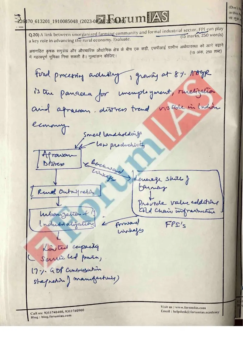 Devdarshdeep Singh handwritten UPSC Mains answer to "Food Processing Industry (FPI) linking unorganised farming with formal industry to advance" (GS, Rank 340, CSE 2023)
