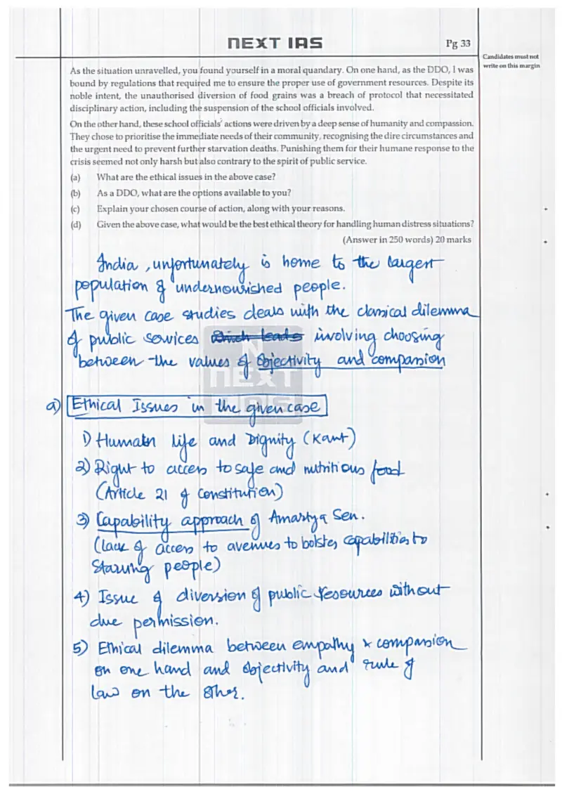 Diksha Rai handwritten UPSC Mains answer to "Case study: DDO — mid-day-meal grain diverted by schools to feed starving families (compas" (GS4, Rank 40, CSE 2025)