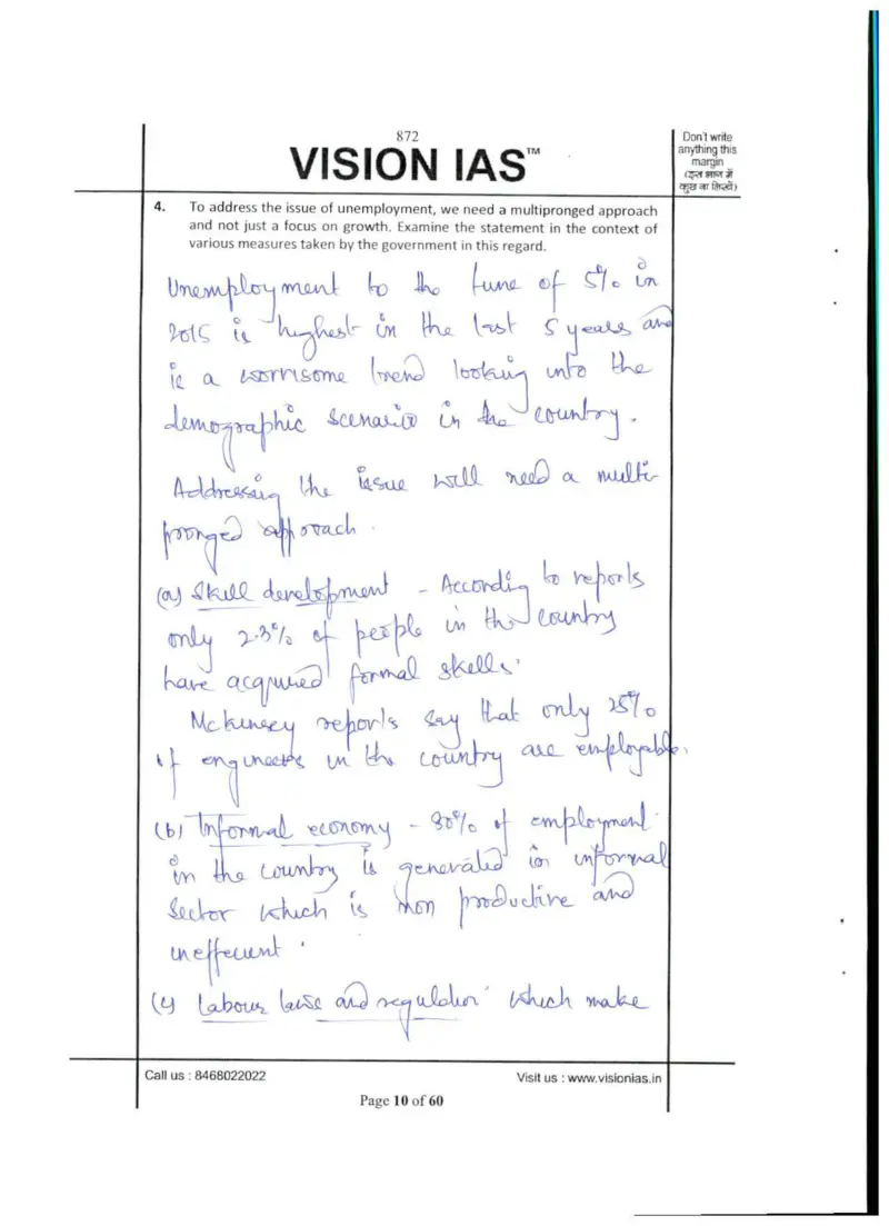 Junaid Ahmad handwritten UPSC Mains answer to "Unemployment — need for a multipronged approach beyond growth; government measures" (GS, AIR 3, CSE 2018)