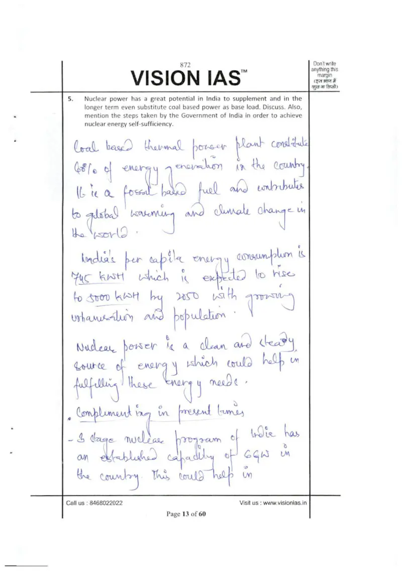 Junaid Ahmad handwritten UPSC Mains answer to "Nuclear power to supplement/substitute coal as base load; steps toward nuclear self-suffic" (GS, AIR 3, CSE 2018)