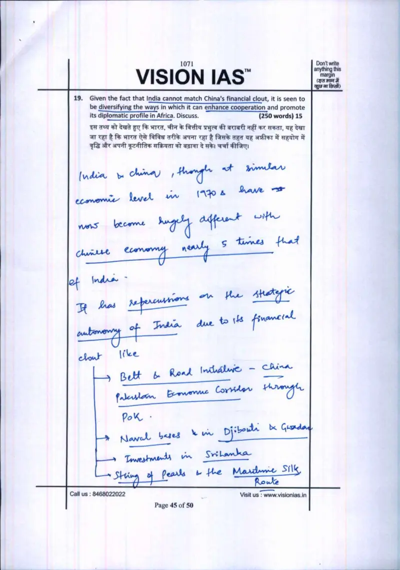 Kanishak Kataria handwritten UPSC Mains answer to "India diversifying cooperation/diplomatic profile in Africa to offset China's financial cl" (GS, AIR 1, CSE 2018)