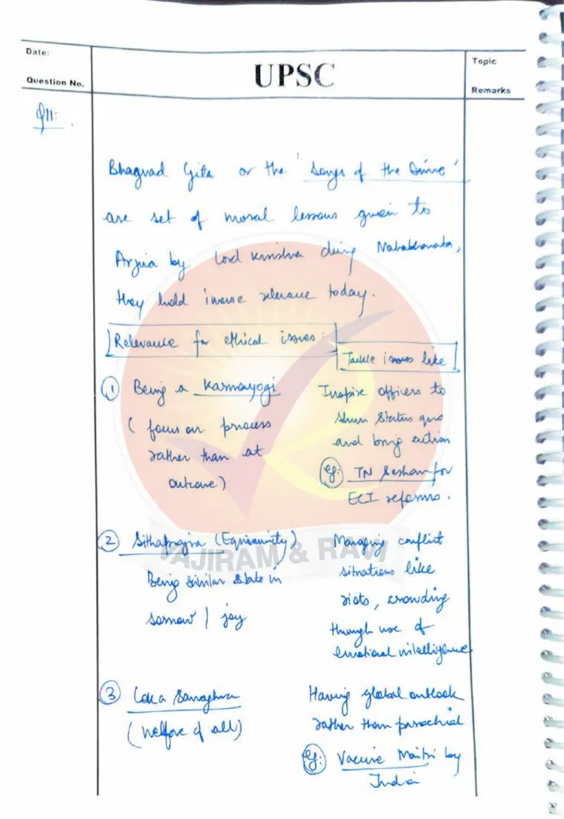 Madhav Agrawal handwritten UPSC Mains answer to "Nishkama Karma / Gita — public service as selfless duty" (GS4, AIR 16, CSE 2024)