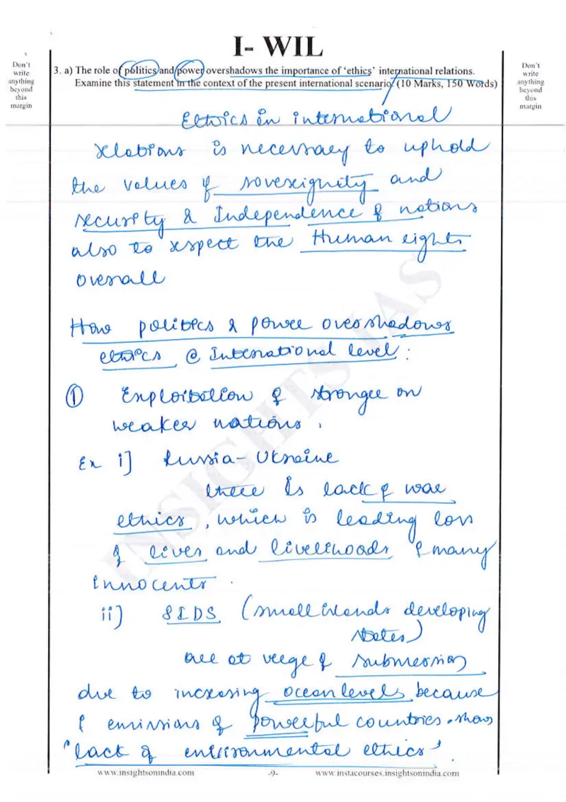 Madhavi R handwritten UPSC Mains answer to "Politics and power overshadowing ethics in international relations (10m/150w)" (GS4, Rank 446, CSE 2024)