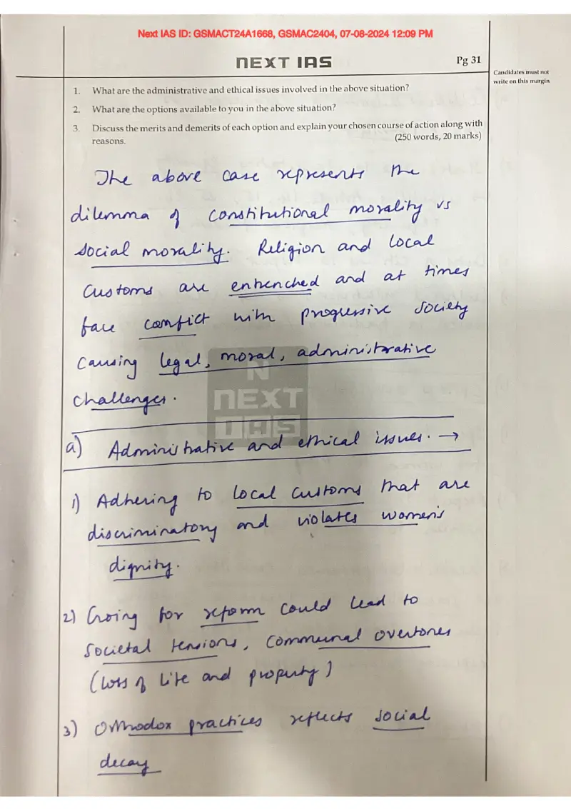 Nisar Dishant handwritten UPSC Mains answer to "District Collector; temple excluding women — gender equality vs religious custom" (GS4, Rank 19, CSE 2025)