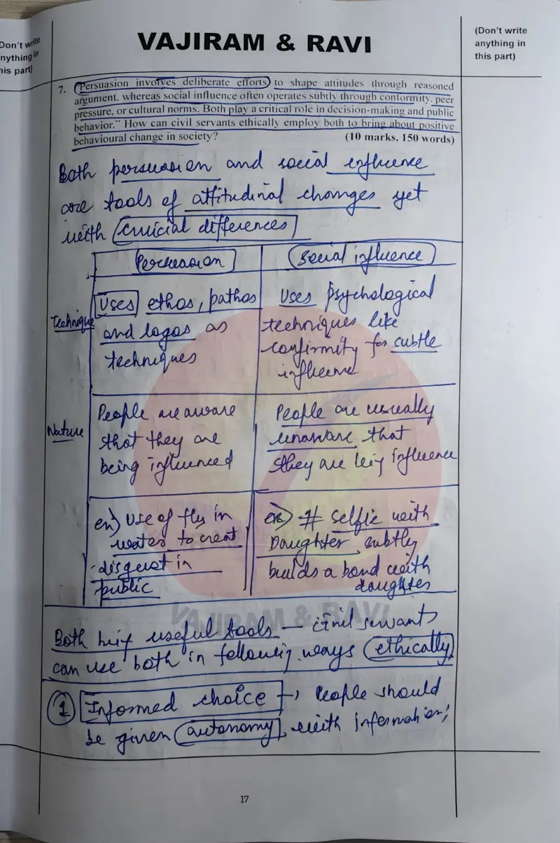 Puru Dubey handwritten UPSC Mains answer to "Persuasion vs social influence for ethical behavioural change" (GS, Rank 86, CSE 2025)