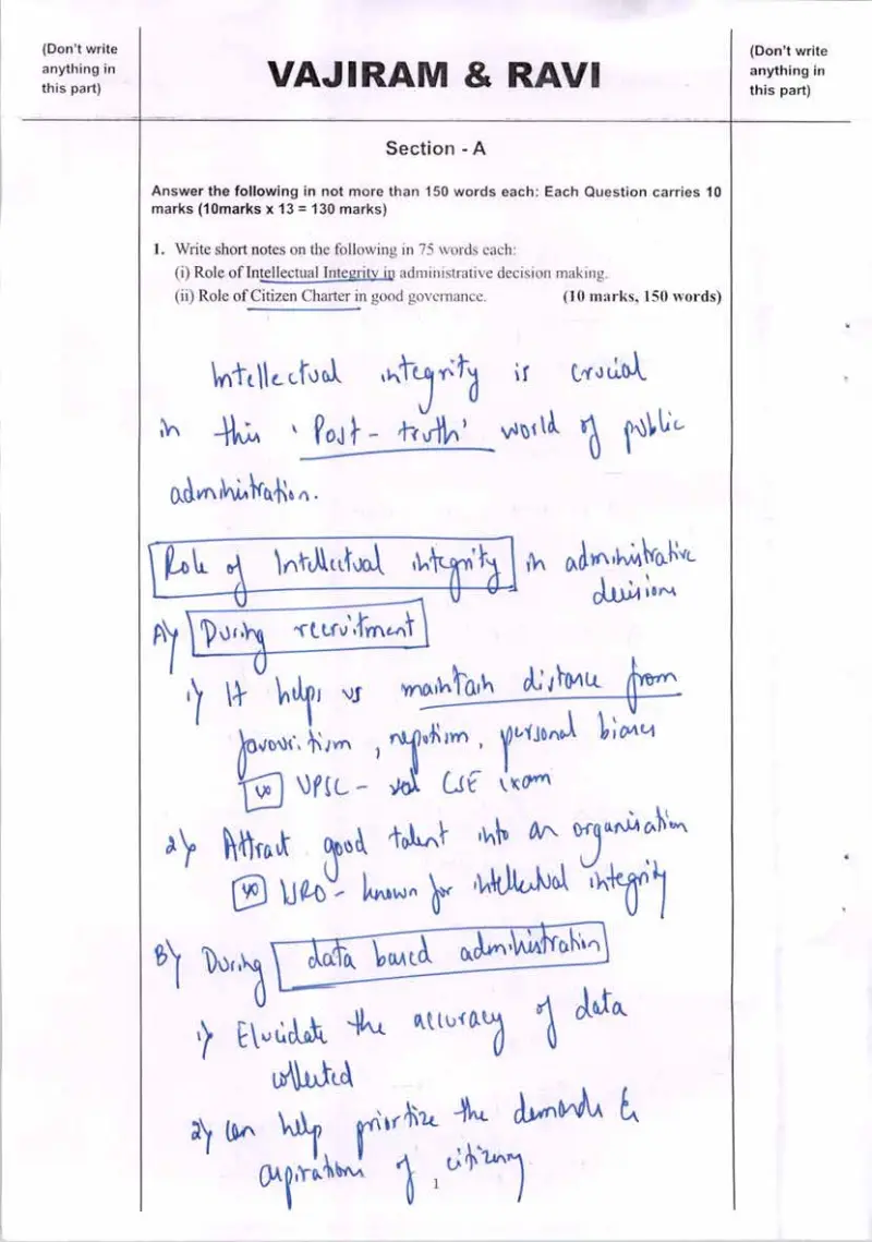 Sachin B G handwritten UPSC Mains answer to "Short notes — intellectual integrity and the citizen's charter" (GS4, AIR 41, CSE 2024)