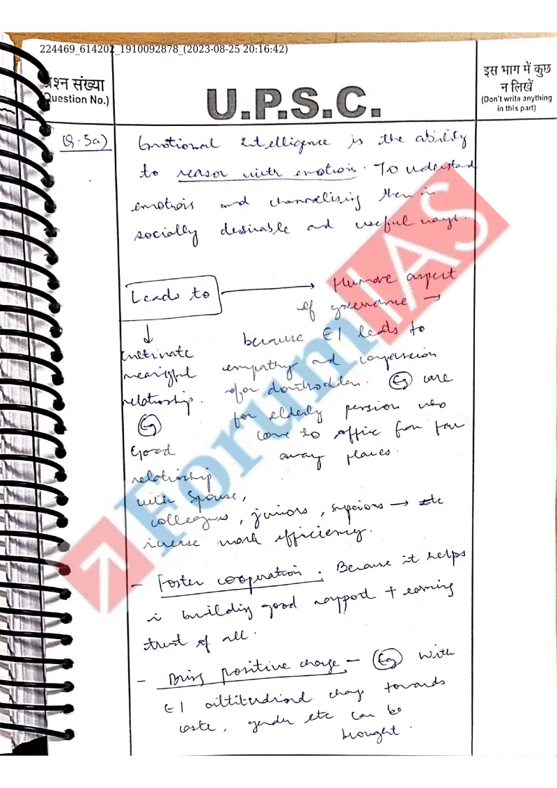 Shailputri handwritten UPSC Mains answer to "(a) Emotional Intelligence and ways to inculcate it; (b) Corporate governance and ESG/CSR/" (GS4, Rank 315, CSE 2023)