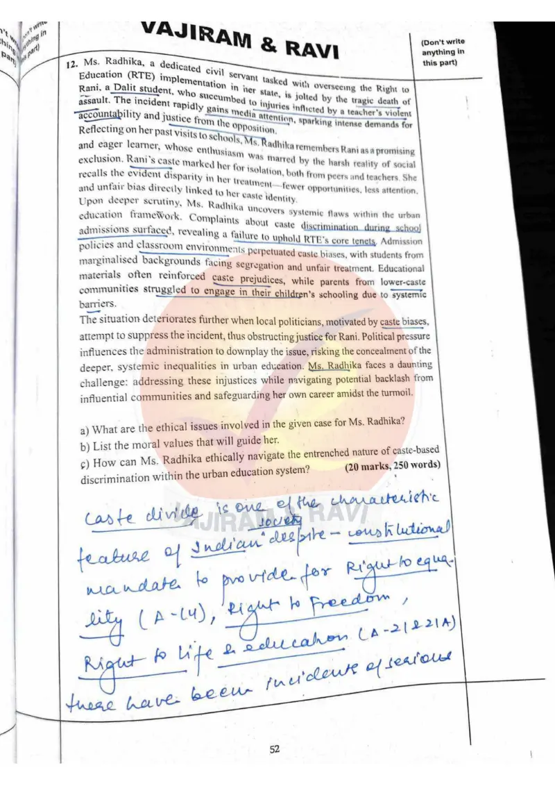Shakti Dubey handwritten UPSC Mains answer to "Case study: Ms. Radhika, RTE, death of Dalit student Rani from caste-based assault; ethica" (GS4, AIR 1, CSE 2024)