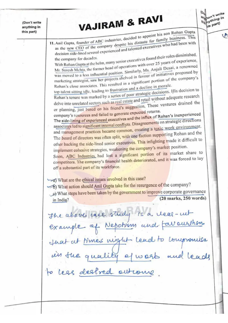 Shakti Dubey handwritten UPSC Mains answer to "Case study: Anil Gupta appointing son Rohan as CEO (nepotism) damaging ABC Industries; eth" (GS4, AIR 1, CSE 2024)