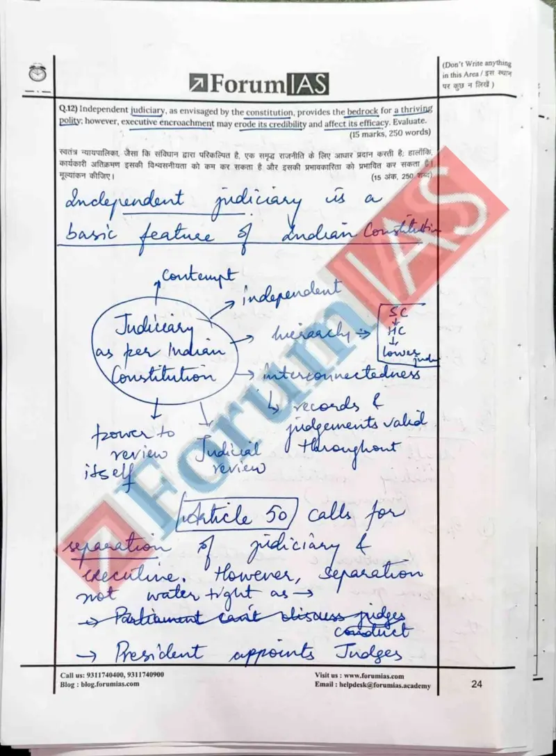 Suvan Sharma handwritten UPSC Mains answer to "Independence of judiciary vs executive encroachment — Collegium/NJAC (15m)" (GS, Rank 412, CSE 2023)