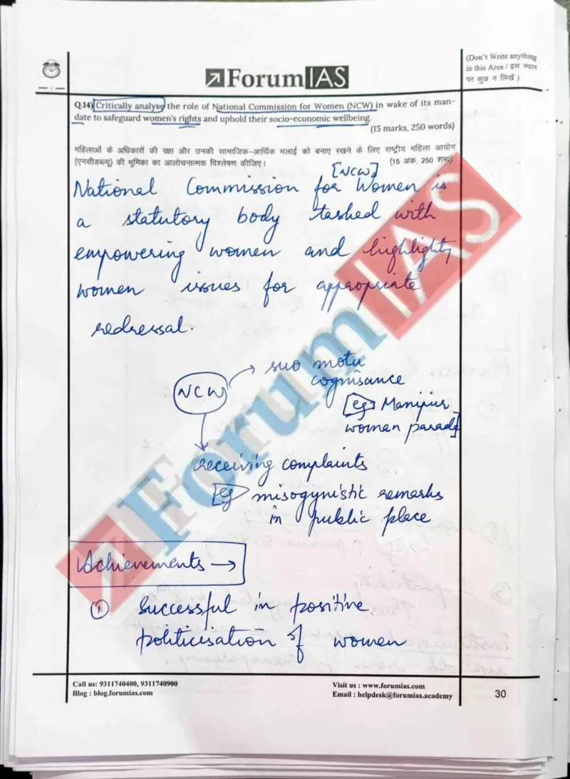 Suvan Sharma handwritten UPSC Mains answer to "National Commission for Women (NCW) — critical analysis of mandate (15m)" (GS, Rank 412, CSE 2023)