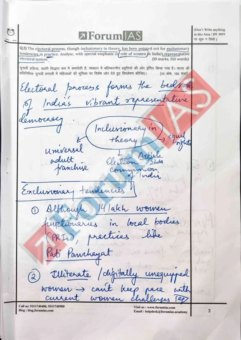 Suvan Sharma handwritten UPSC Mains answer to "Electoral process — exclusionary tendencies & women's representation (10m)" (GS, Rank 412, CSE 2023)