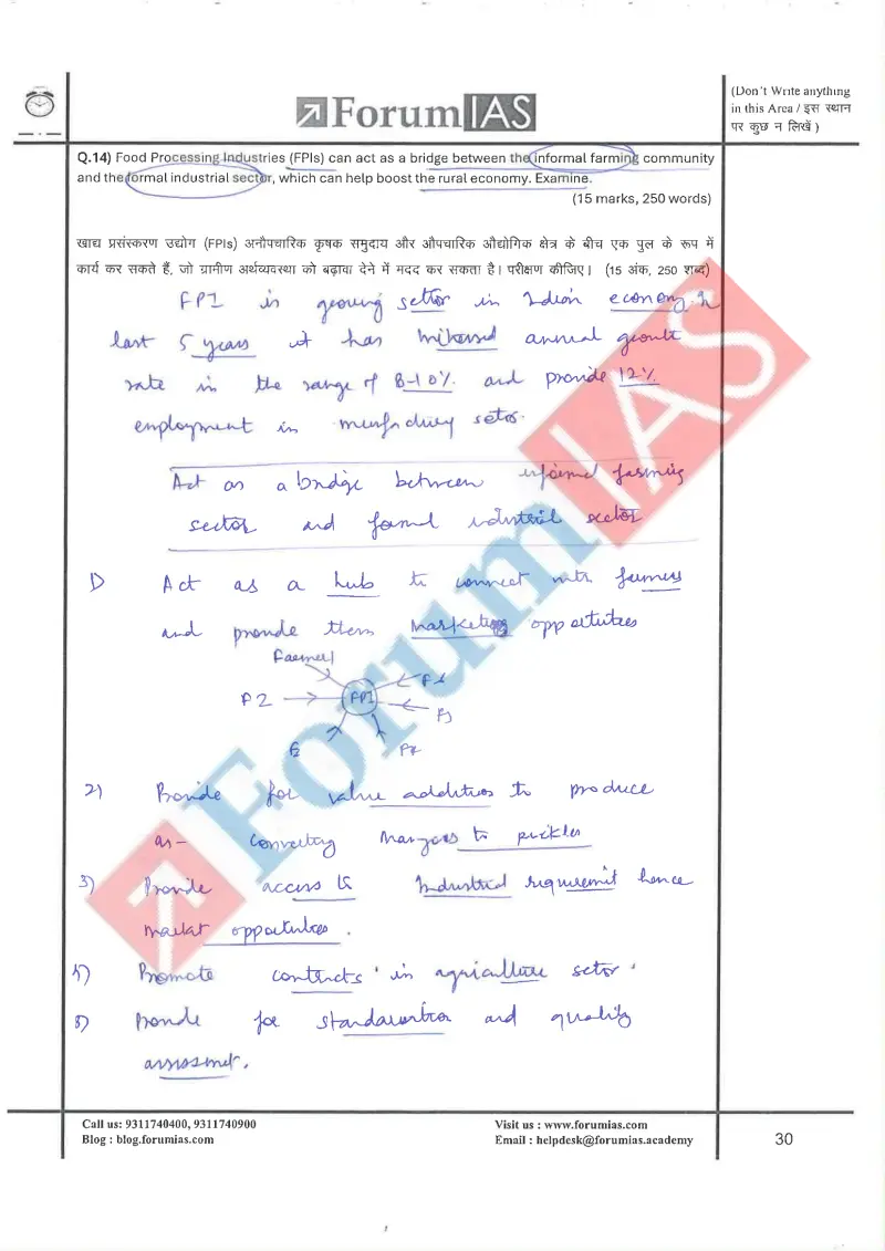 Utkarsh Pathak handwritten UPSC Mains answer to "Food Processing Industries bridging informal farming and formal industry; rural economy (1" (GS, Rank 88, CSE 2024)