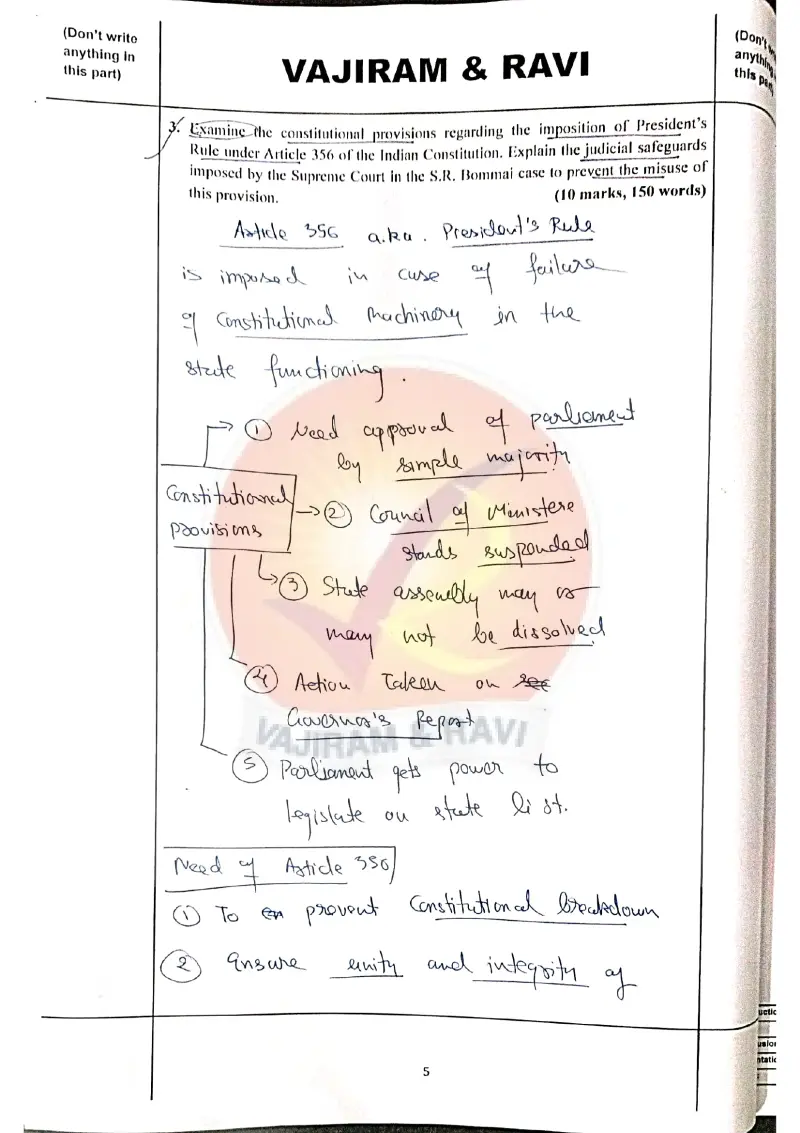 Utkarsh Yadav handwritten UPSC Mains answer to "President's Rule (Art 356) provisions and S.R. Bommai judicial safeguards" (GS1, AIR 32, CSE 2025)
