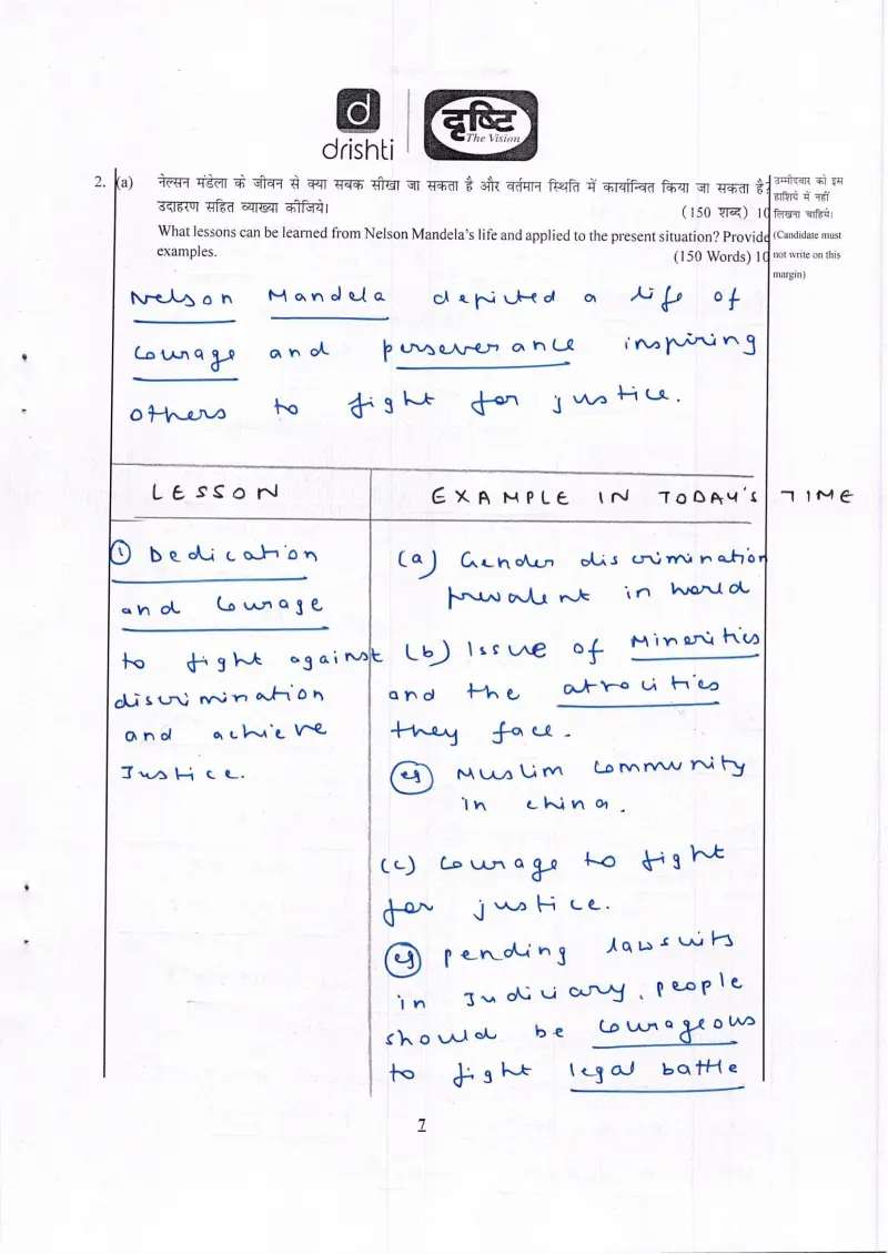 Vandita handwritten UPSC Mains answer to "Lessons from Nelson Mandela's life applied to present situations, with examples" (GS4, Rank 403, CSE 2024)