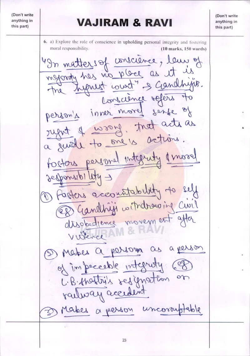 Vikas handwritten UPSC Mains answer to "Role of conscience in personal integrity & moral responsibility" (GS4, Rank 27, CSE 2025)