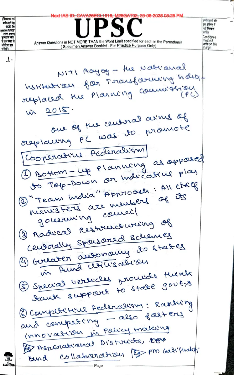 Yashaswi Raj Vardhan handwritten UPSC Mains answer to "NITI Aayog vs Planning Commission; cooperative & competitive federalism" (GS2, Rank 11, CSE 2025)