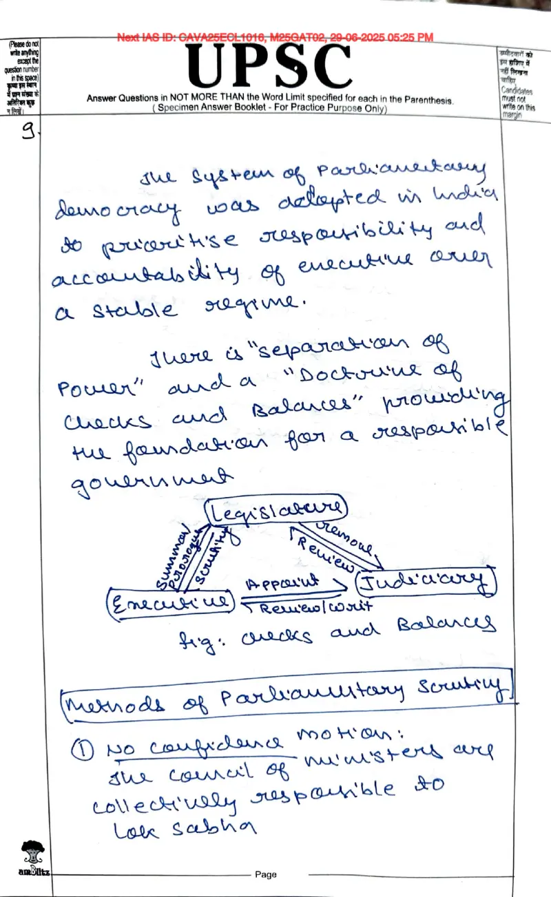 Yashaswi Raj Vardhan handwritten UPSC Mains answer to "Parliamentary scrutiny & control over the executive; checks and balances" (GS2, Rank 11, CSE 2025)