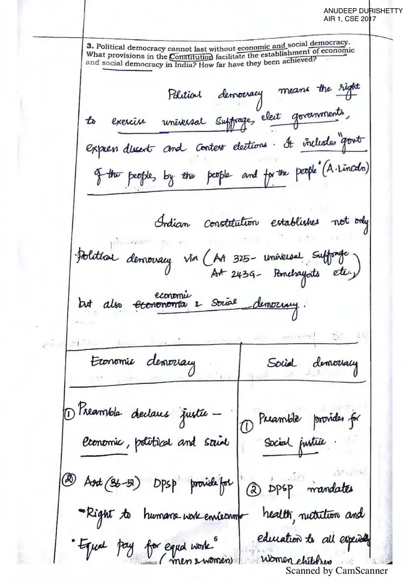 Anudeep Durishetty — UPSC GS Paper 2 mains answer copy (AIR 1, CSE 2017): handwritten answer sheet — further page from this booklet (1 of 3 shown)