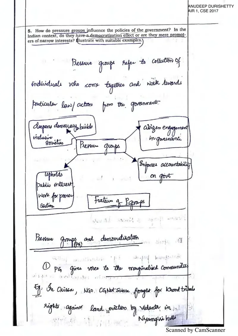 Anudeep Durishetty — UPSC GS Paper 2 mains answer copy (AIR 1, CSE 2017): handwritten answer sheet — further page from this booklet (3 of 3 shown)