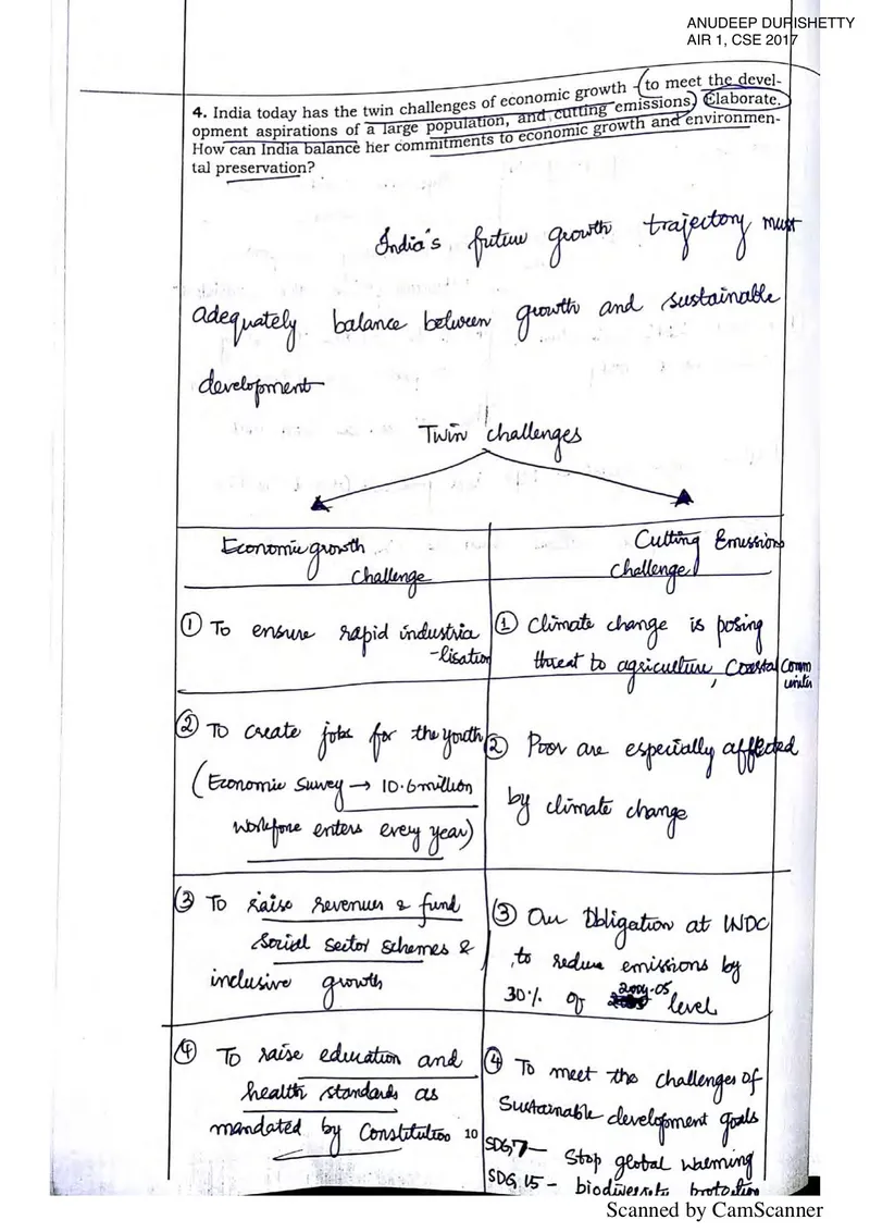 Anudeep Durishetty — UPSC GS Paper 3 mains answer copy (AIR 1, CSE 2017): handwritten answer sheet — further page from this booklet (3 of 3 shown)