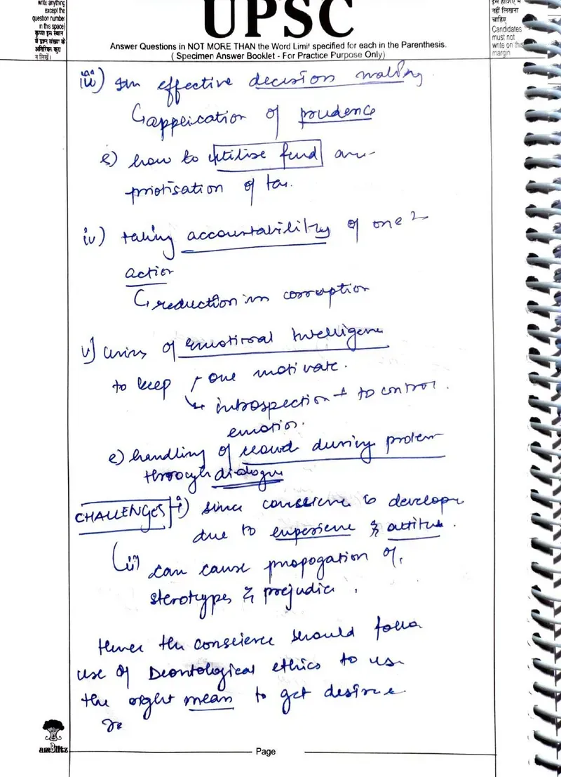 Deepali Mahto — UPSC Ethics (GS4) mains answer copy (Rank 36, CSE 2025): handwritten answer sheet — further page from this booklet (1 of 3 shown)