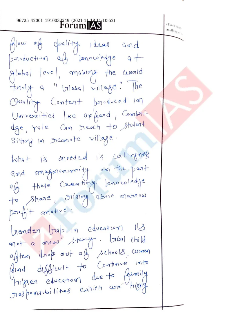Shubhra Kumari — UPSC Essay mains answer copy (Rank 197): handwritten answer sheet — further page from this booklet (1 of 3 shown)