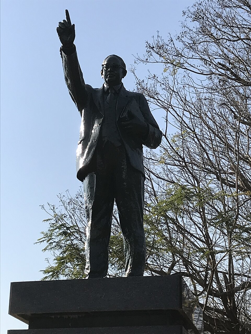 A dark bronze statue of Dr B. R. Ambedkar on a granite plinth, seen against the sky: a bespectacled figure in a three-piece suit with his right index finger raised and a thick book tucked under his left arm, framed by bare and leafy branches