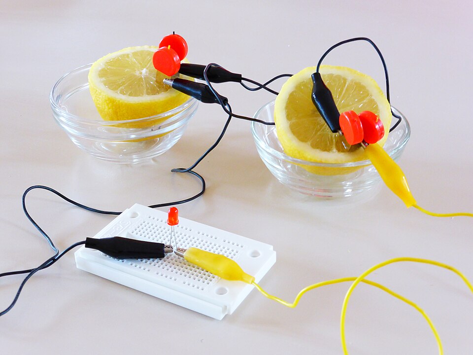 A lemon-battery demonstration: two lemon halves sitting in glass dishes, each with a copper and a zinc electrode pushed into the pulp and gripped by crocodile clips, wired in series to a breadboard where a red LED is lit