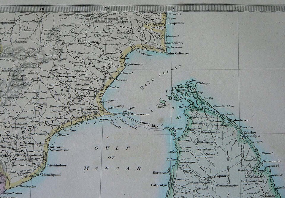 An 1831 hand-coloured SDUK map of the sea between south India and Ceylon, labelling 'GULF OF MANAAR' below the chain of shoals marked 'Adams Bridge', with 'Palk Strait' above it and the coast running past Ramnad, Rameserum and Tuticorin (archaic spellings as printed)