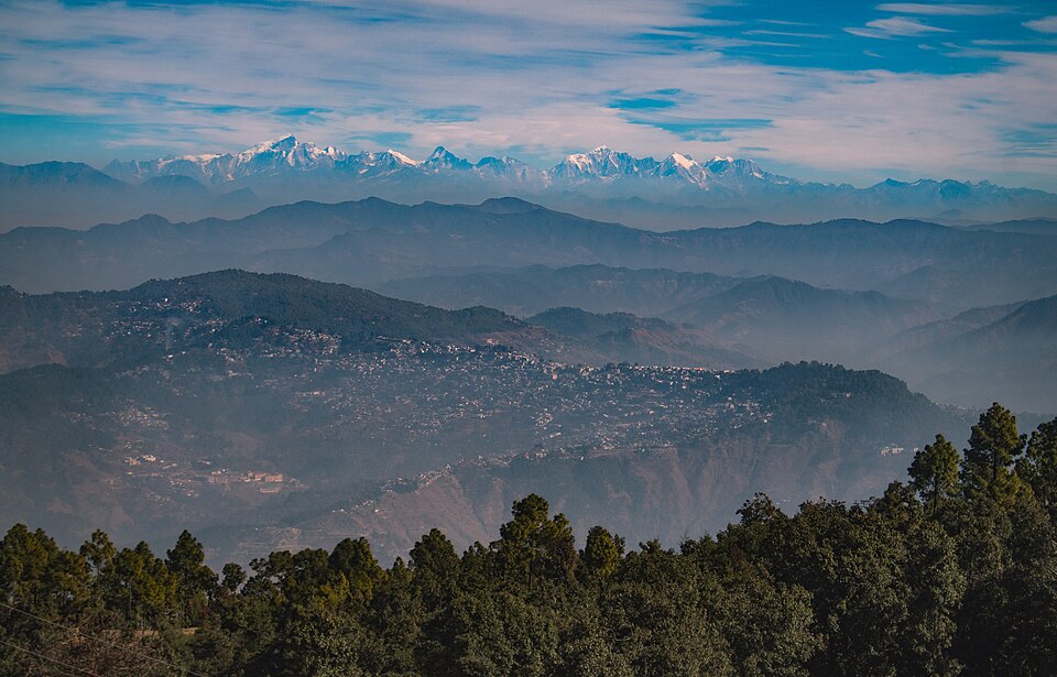घाटी के पार से दिखता अलमोड़ा: कुमाऊँ के एक लंबे कटक की चोटी और ढलानों पर सघन रूप से पिरोए हुए सफ़ेद मकान, अग्रभूमि में चीड़ से ढकी ढलानें, पीछे हटती नीली धुँधली पहाड़ियाँ, और क्षितिज पर बर्फ़ से ढकी हिमालयी चोटियों की एक पंक्ति