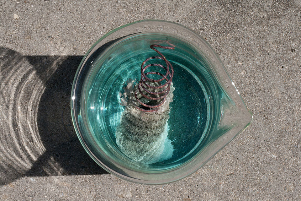 Looking straight down into a glass beaker standing on concrete: a coiled copper wire spiral sits in a blue-green solution, and a thick fan of dull grey, feathery silver crystals has grown out from the lower turns of the coil and settled across the bottom of the beaker.