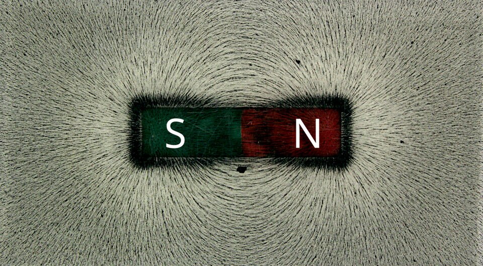 Iron filings scattered on a pale sheet around a bar magnet whose halves are painted green and lettered S and red and lettered N: the filings have pulled themselves into dense black tufts at each end and swept out into symmetrical curved lines that loop from one pole round to the other, leaving a clear gap between the filings and the magnet itself.