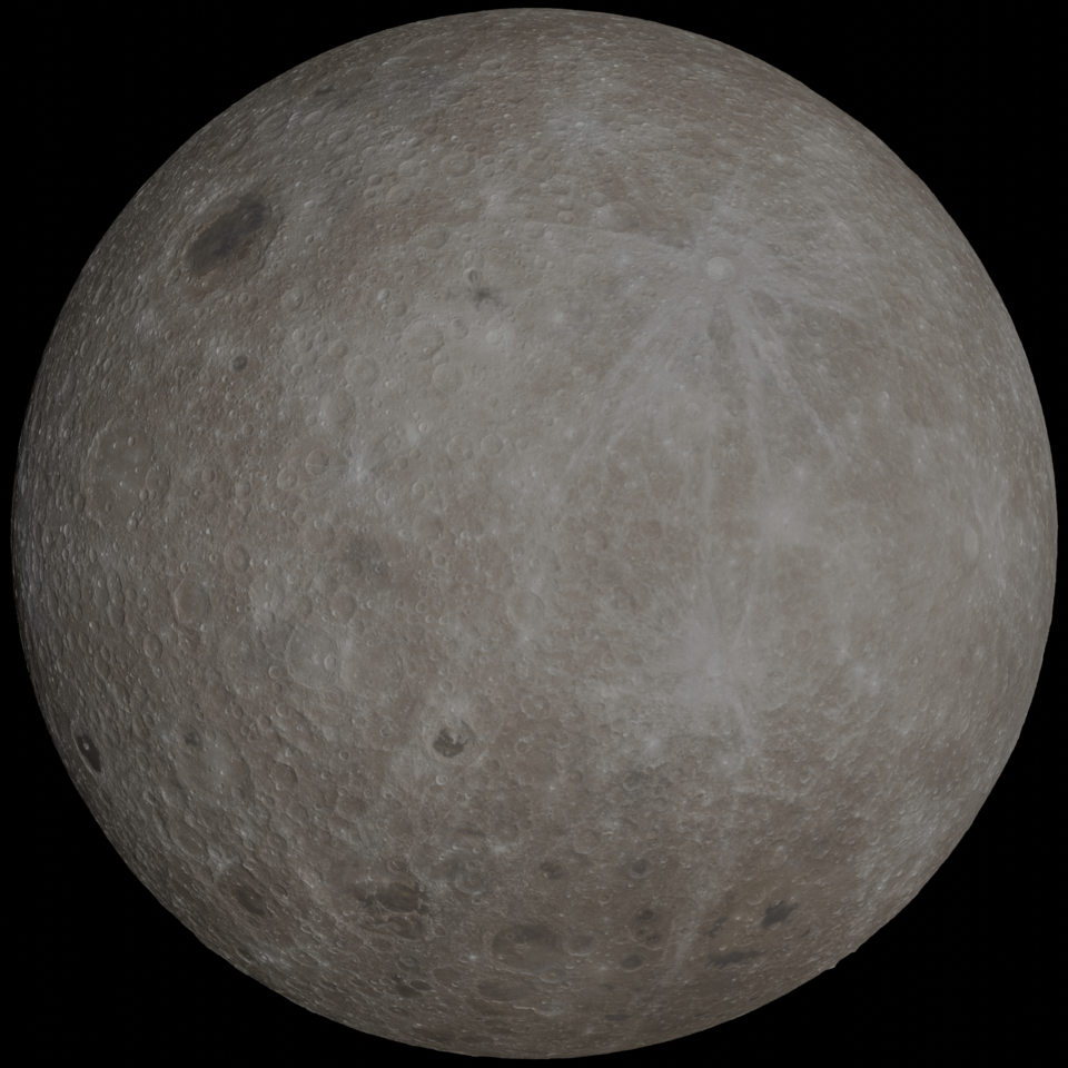 The whole disc of the Moon's far side against black space: a pale grey-brown globe saturated edge to edge with overlapping impact craters, with only one small dark mare patch near the upper left and a bright young crater at the right throwing pale rays across the highlands.