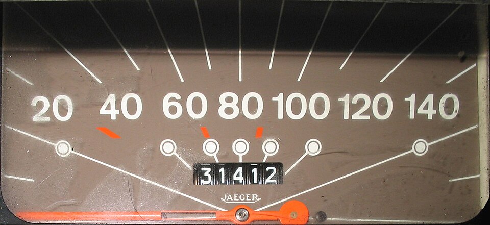 Close-up of an old car's speedometer face: a wide arc of white numerals from 20 to 140 with tick marks, an orange needle resting at the far left on zero, and directly under the dial a small mechanical roller odometer window reading 31412.