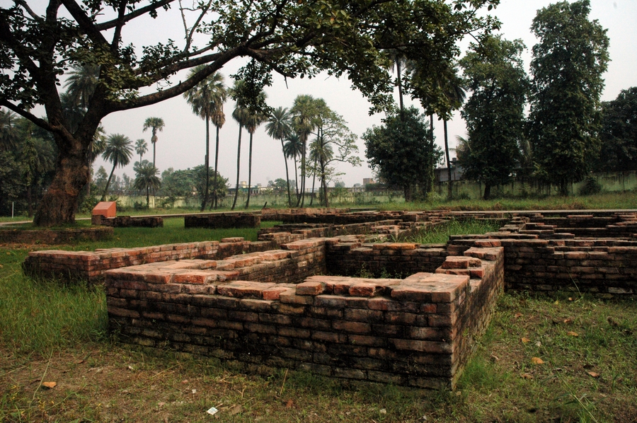 पटना के कुम्हरार में उत्खनित ईंटों की नींव — घास वाले उद्यान में कमर तक ऊँची पुरानी लाल ईंटों की दीवारें, जो कक्षों की जालीनुमा रूपरेखा बनाती हैं, पीछे फैला हुआ एक पुराना पेड़, ताड़ और एक चारदीवारी