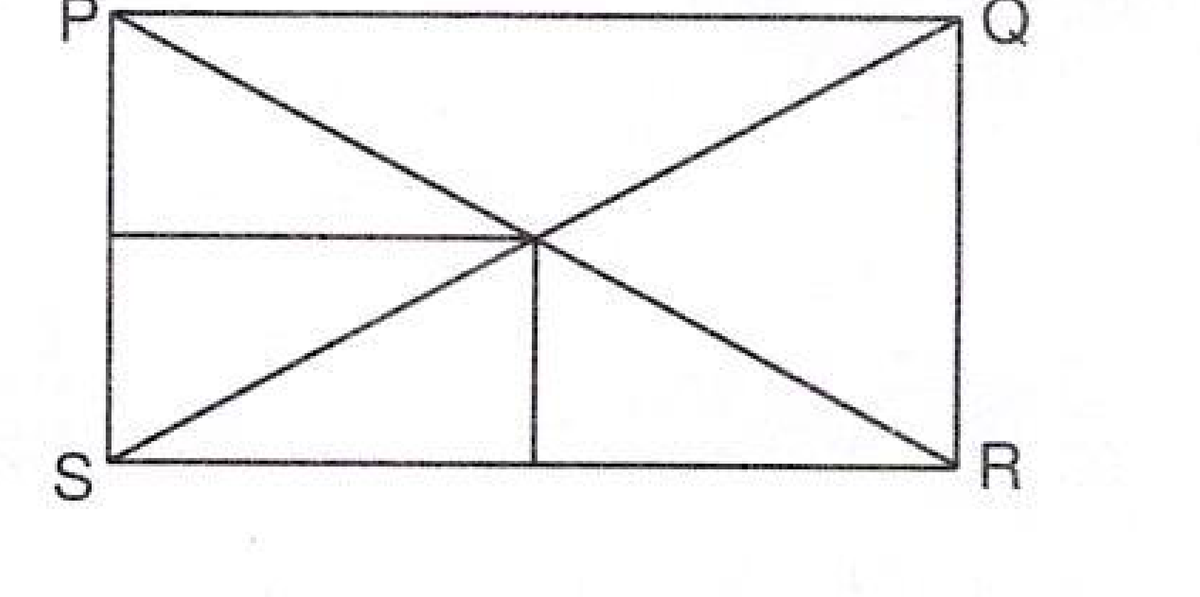 Rectangle PQRS with both diagonals PR and SQ drawn. A horizontal segment runs from the left side PS to the point where the diagonals cross, and a vertical segment runs from that crossing point down to the base SR.