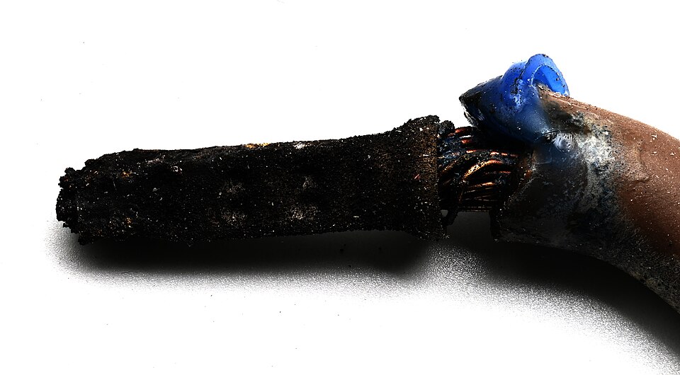 The end of a household electrical cable destroyed by overheating: the insulation burnt to black crumbling char, the blue sleeve melted, and the copper strands beneath scorched and exposed