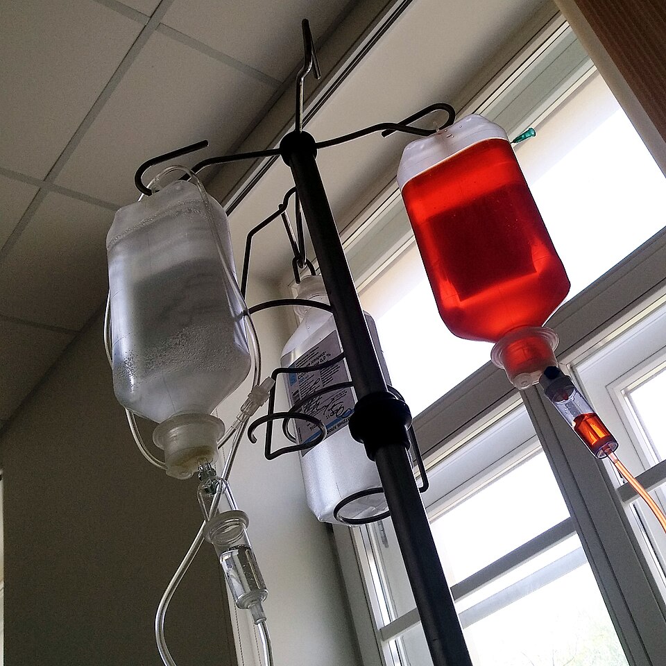 Chemotherapy infusion bottles hanging from a drip stand beside a hospital window, one filled with bright red drug solution and the others clear, their giving sets running down out of frame, with no patient visible