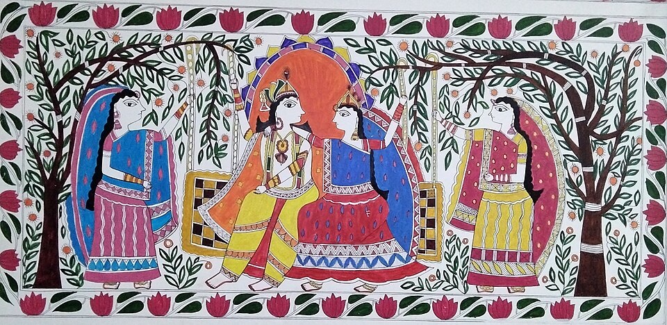 A Mithila (Madhubani) mural painted at Patna Junction showing Radha and Krishna seated on a swing between two attendants and flowering trees, framed by a lotus-and-leaf border