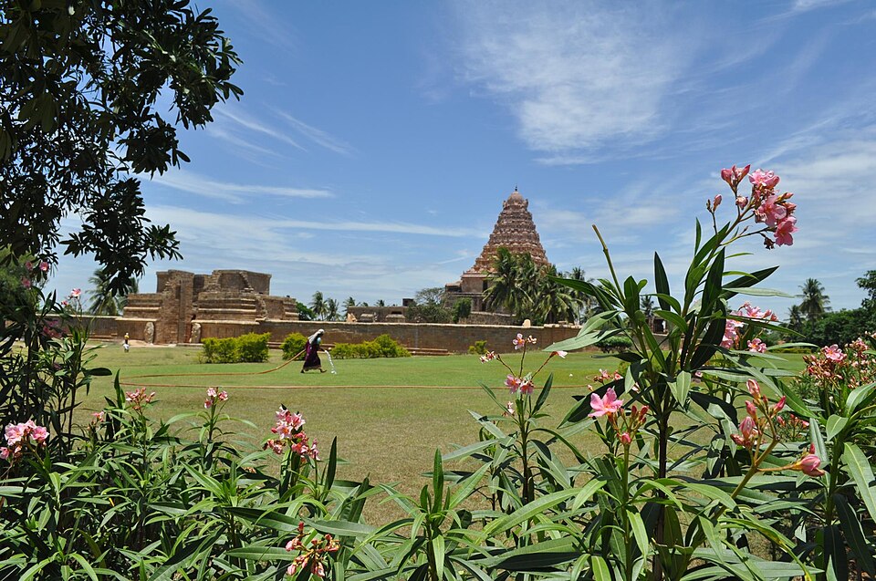 The Brihadisvara temple at Gangaikonda Cholapuram seen across its lawn, the tall pyramidal Chola vimana with its concave profile rising behind the low enclosure wall and the ruined outer structures