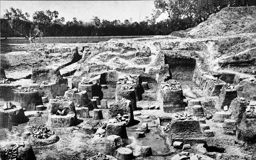 Archaeological Survey excavation photograph of the Mauryan pillared hall at Kumhrar, Patna, showing rows of squared earth baulks and stone pillar bases exposed in the open trench