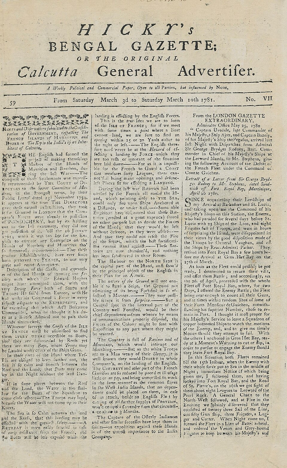 The front page of Hicky's Bengal Gazette for 3-10 March 1781, its masthead reading HICKY's BENGAL GAZETTE; OR THE ORIGINAL Calcutta General Advertiser above three columns of letterpress