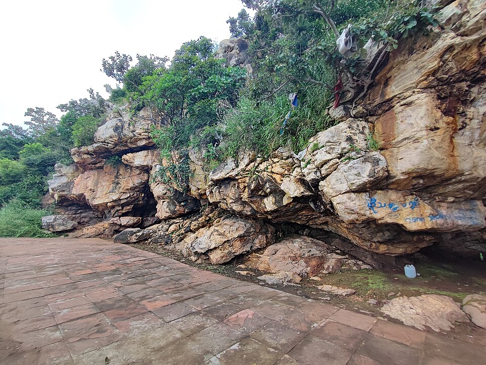 The rock face of the Saptaparni cave complex on Vaibhara hill at Rajgir, low dark cave mouths opening under an overhanging limestone ledge above a tiled terrace