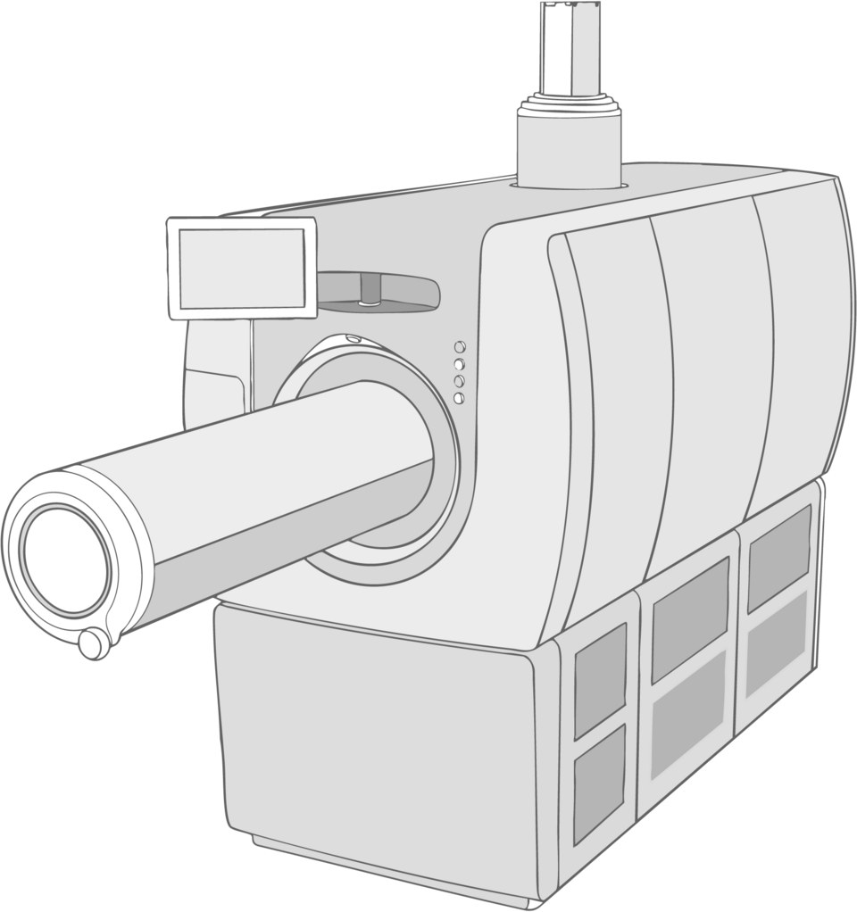 A grey line drawing of a large medical scanner: a boxy housing with a wide circular opening at the front and a cylindrical table extending out of the opening toward the viewer, on a plain white background.