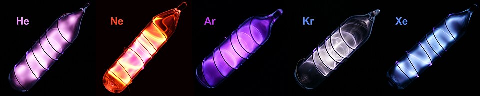 Five sealed glass discharge vials of noble gases glowing side by side, labelled He, Ne, Ar, Kr and Xe, the neon vial glowing orange-red