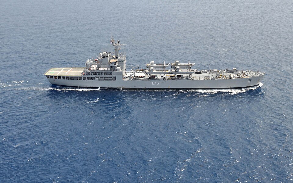 The Indian Navy landing ship tank INS Kesari, hull number L15, under way in open blue sea seen from the air