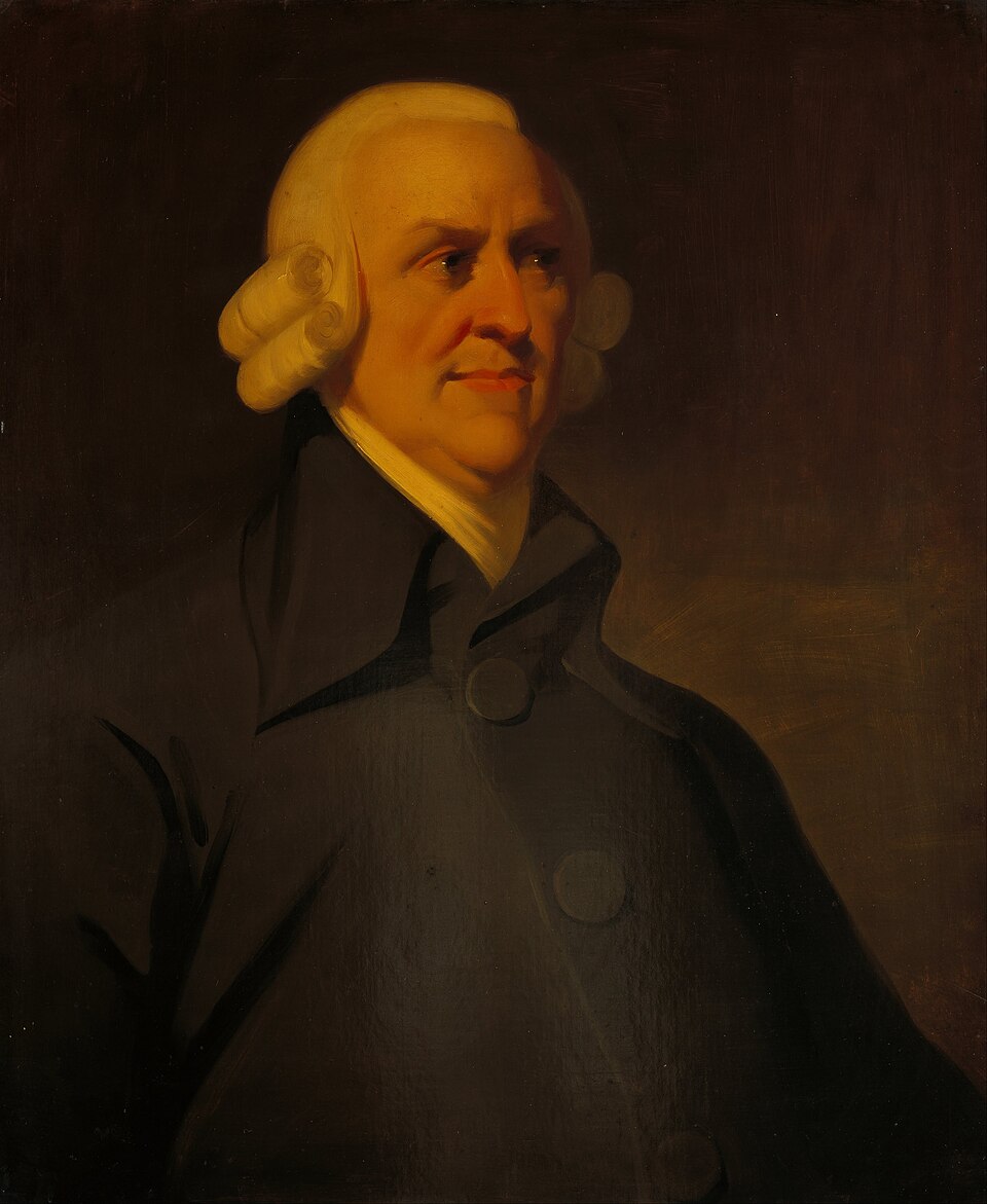 Oil portrait of Adam Smith in a powdered wig and dark buttoned coat, turned three-quarters against a plain brown ground