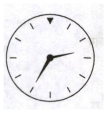 A clock face with no numerals, only twelve tick marks and a solid triangular marker at the twelve position. The shorter hand points to roughly the two-to-three position on the right; the longer hand points down and to the left, at about the seven position.