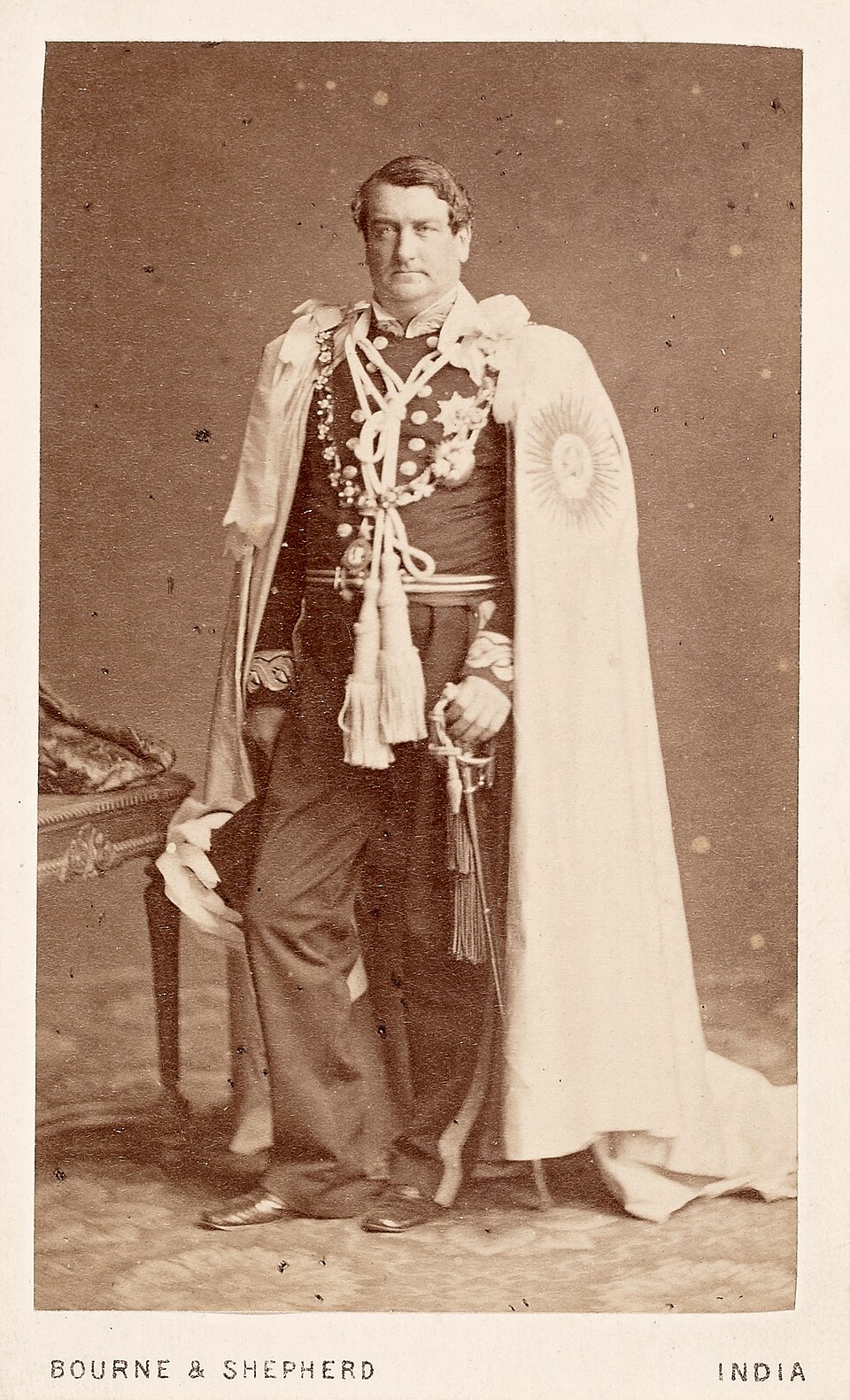 Full-length studio portrait of Richard Bourke, 6th Earl of Mayo, in court dress with the mantle and collar of the Order of the Star of India